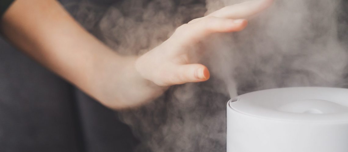 Healthy air. The humidifier distributes steam in the living room. Woman keeps hand over vapor.